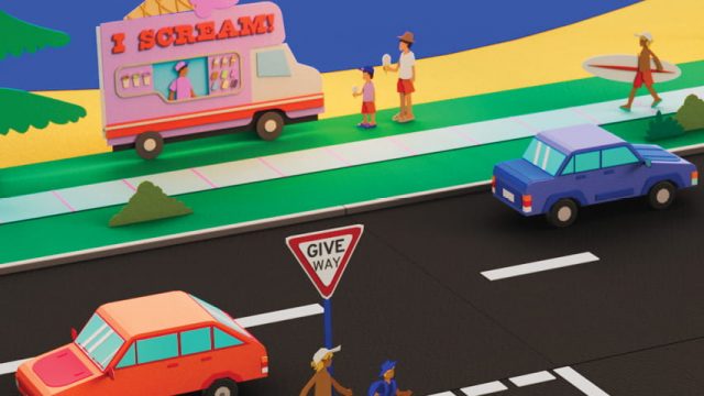 illustrated pedestrian crossing a road
